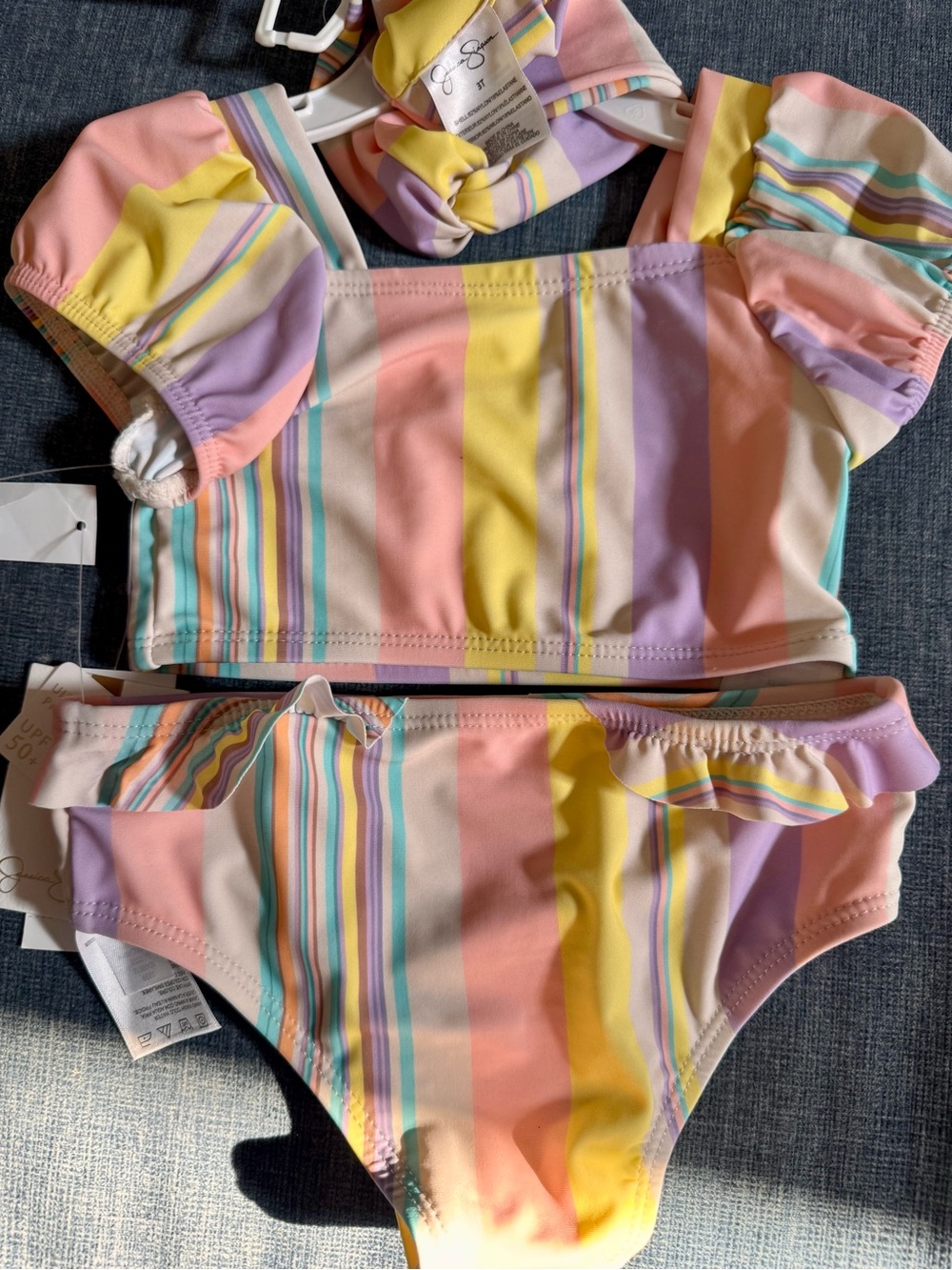 Jessica Simpson Kids 3 Piece Stripe Ruffle Swimsuit in Pastel Rainbow